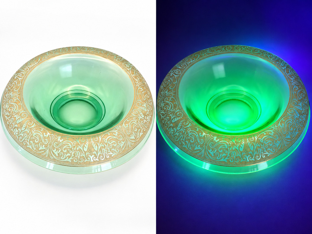 Lancaster Deco Brocade Green Uranium Glass Console Bowl 11” 1930s Gold Etching